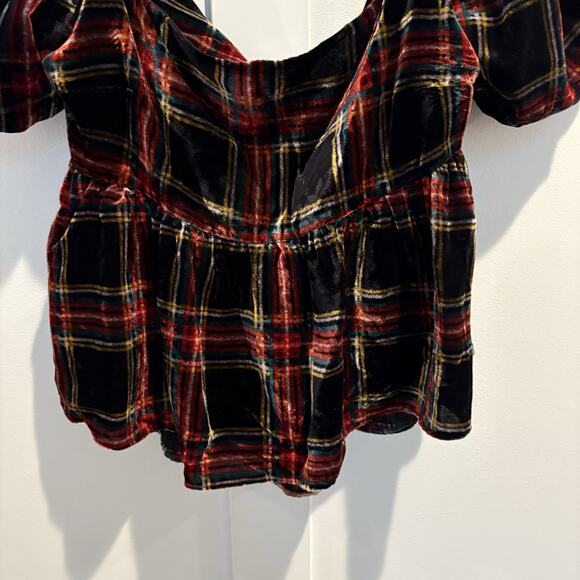 NWT Tartan Plaid Peplum Top Sz XL Black Red Velvet Open Back Puff Sleeve Preppy - Picture 8 of 16